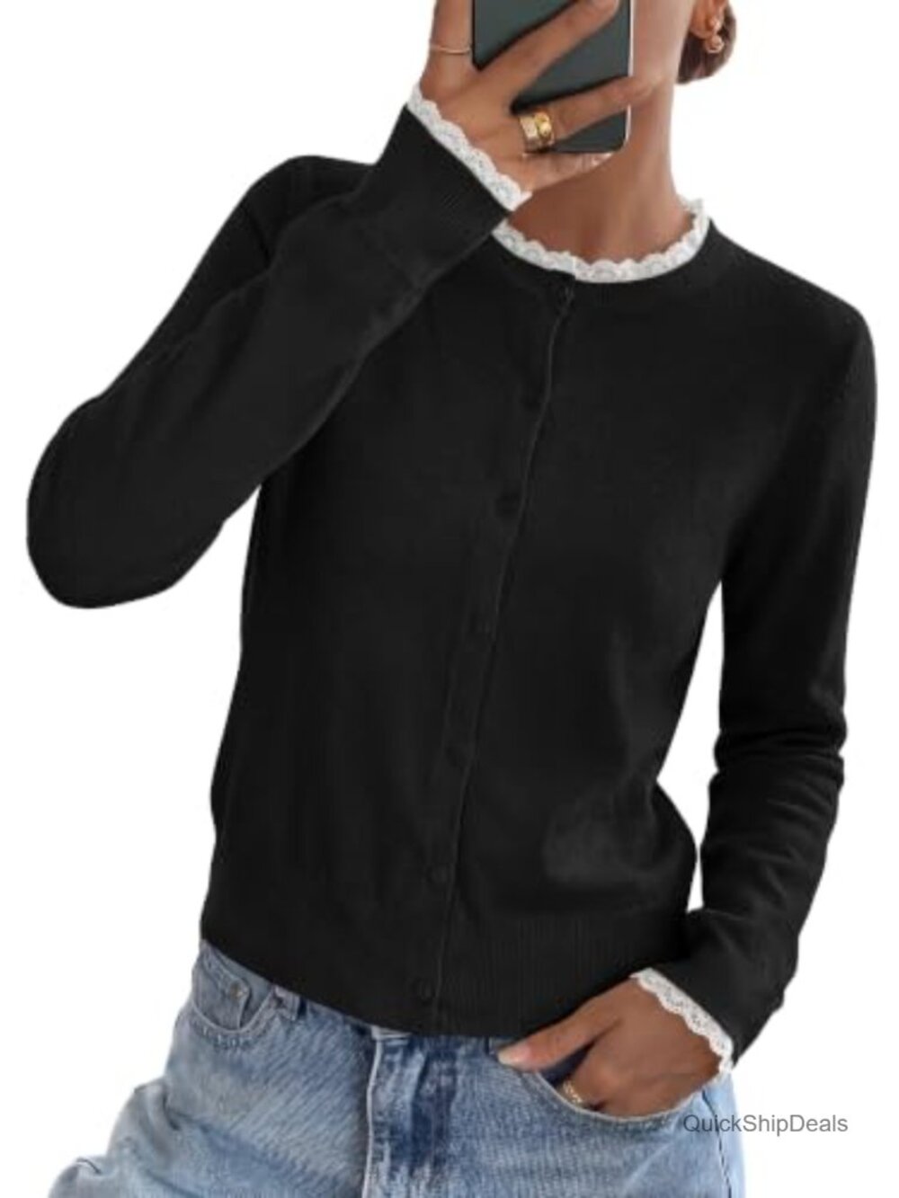 Lace Trim Button Down Cardigan Long Sleeve Knit Crew Neck Womens Sweater